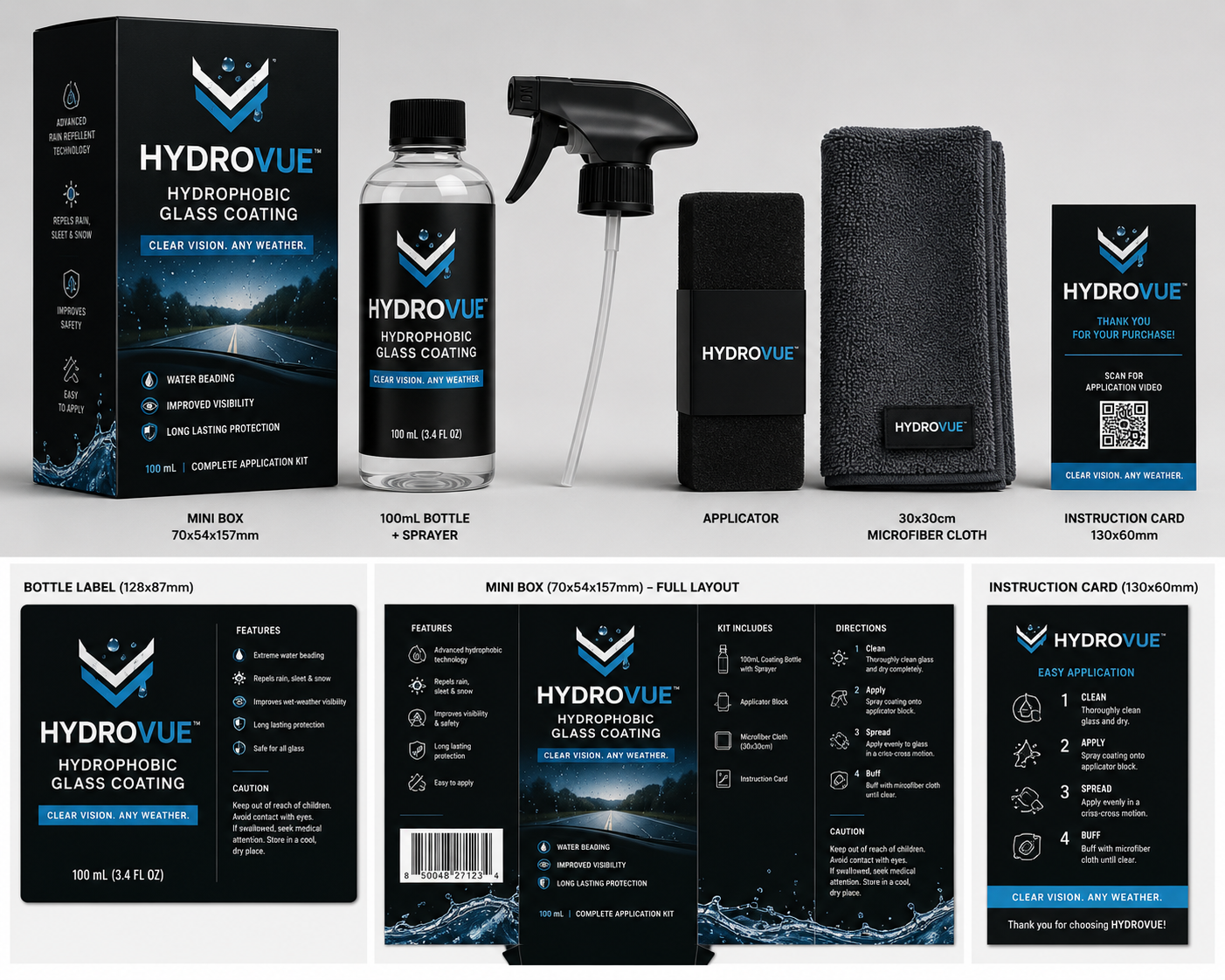 HydroVue glass coating kit and branded packaging mockup